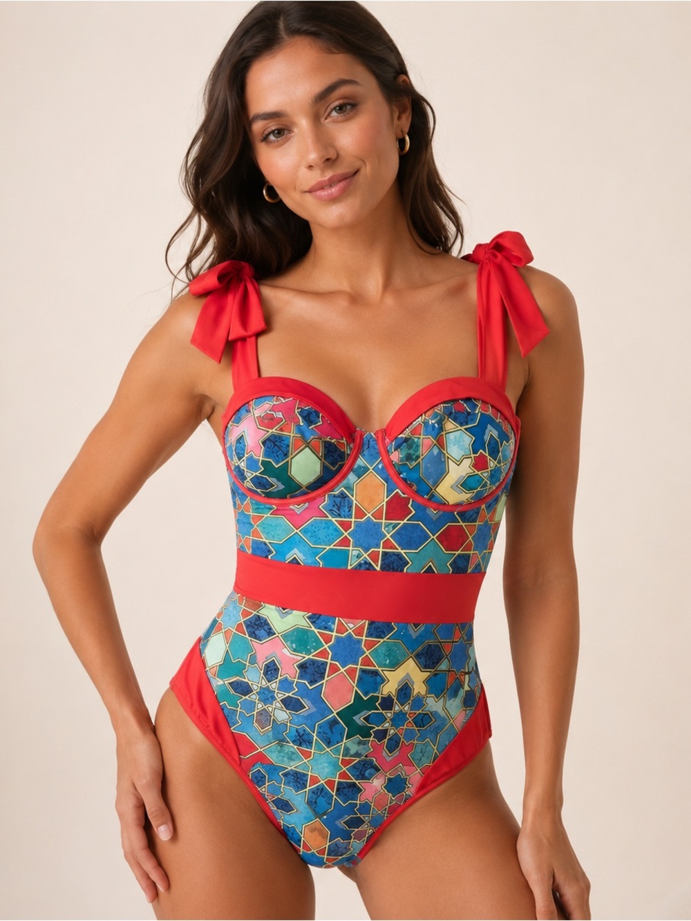 Boho Chic Geometric Mosaic Print Underwire One Piece Swimsuit and Wrap Skirt Set